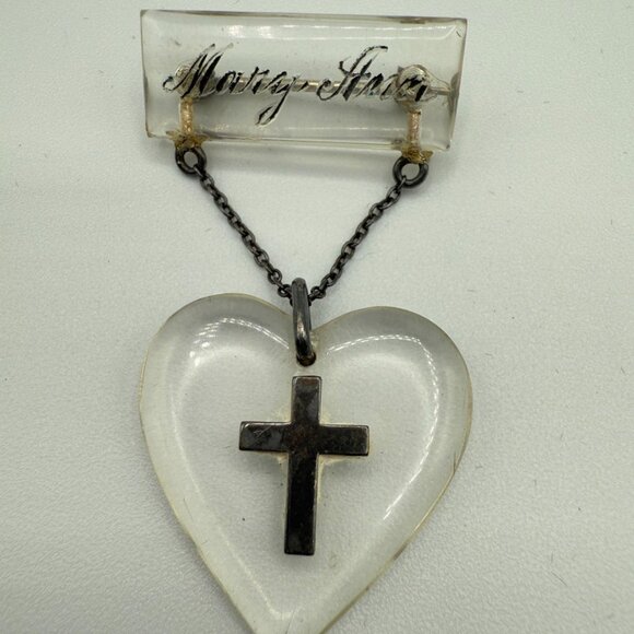 Antique Heart Pin with Name 'Mary Ann' Vintage Nurse Cross Pendant - Picture 3 of 13